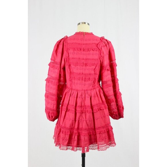 ULLA JOHNSON Amour Fuchsia Pink Cotton Lace Ruffle Balloon Sleeve Dress, Size 6 - Picture 6 of 16
